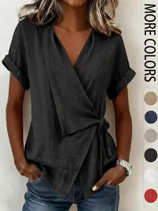 Women's Solid Color Casual Linen Tie Front Top, V-Neck Short Sleeve Waist Cinch Shirt, Comfortable and Stylish Everyday Wear