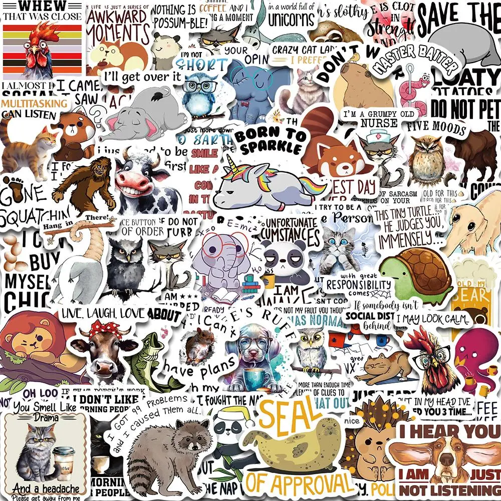 Funny Animal Quotes Sticker, 50pcs/set Cartoon Decorative Sticker, Creative Decals for Water Bottle, Laptop, Phone Case, Scrapbooking, Journal Making
