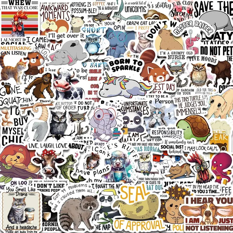 Funny Animal Quotes Sticker, 50pcs/set Cartoon Decorative Sticker, Creative Decals for Water Bottle, Laptop, Phone Case, Scrapbooking, Journal Making