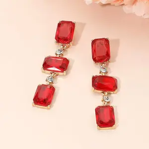 Rectangle Glass Stone Link Dropdown Earrings: Gold Red