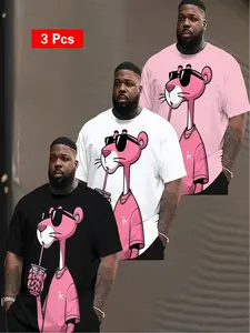 3 pieces of men's cartoon-pattern T-shirts - Pink leopard cartoon pattern, casual sports short-sleeved shirt, machine-washable regular fit, suitable for daily wear, casual clothing | Cheerful design | Comfortable fabric