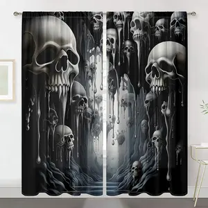 A set of two panels, Western Gothic-style anime black skeleton digital print thin filter privacy curtains, pocket rod installation, polyester material, suitable for living rooms, bedrooms, game rooms, home decor, etc