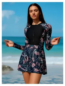 Tankini Swimsuit for Women Black Printed Two Piece Bathing Suit Zipper Front Swim Top with Shorts Sleeveless Swimwear for Beach Vacation Slimming
