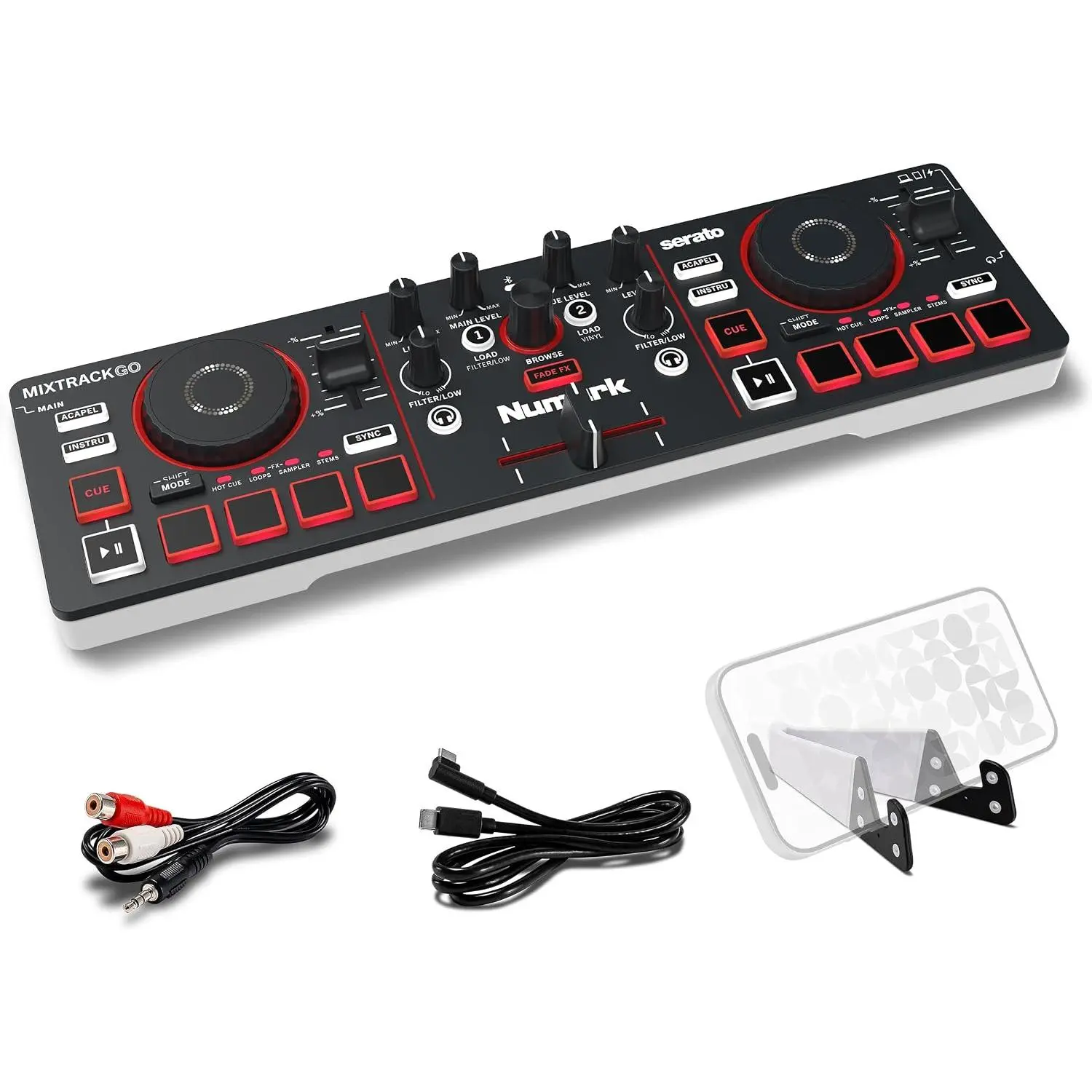 Numark MixTrack Go Compact Bluetooth DJ Controller, 2-Deck USB-C DJ Mixer with Stems Control, Smart Fader, Built-in Audio Interface, Serato DJ Lite & Algoriddim djay Included