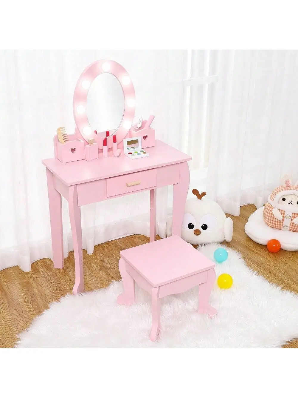 【Christmas Gift】Kids Princess Lighted Vanity Desk Set, Indoor Furniture with Touch Lights, Mirror, Stool and Wooden Makeup Accessories, Lighted Vanity Table