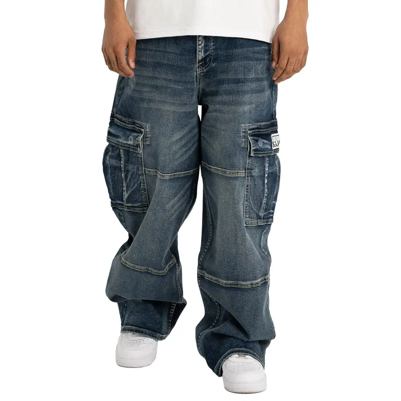 Pro Club Men's Original Heavyweight Denim Cargo Pants - Menswear, Mid Waist, Multiple Pockets, Wide Leg, Loose, Oversized, True-to-Size, Extended Sizes, Casual Cotton-Spandex Fabric, Streetwear Clothing, Cold Wash Compatible