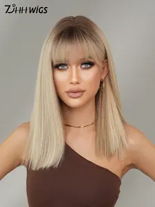 18 Inch Long Straight Rooted Color Wigs for Women, Gorgeous Fluffy Wigs with Blunt Bangs, Full Machine-Made Synthetic Material Wigs for Party, Synthetic Hair
