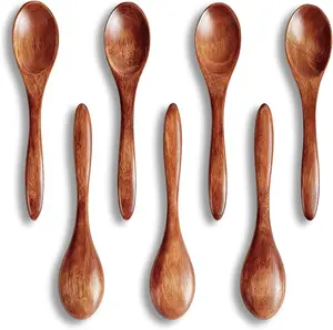 7PCS Small Wooden Spoons Set, 5.7 Inch Natural Honey Spoon for Tea, Lightweight Wood Table Spoons, Wooden Utensils Set for Eating, Serving & Stirring PAGWS