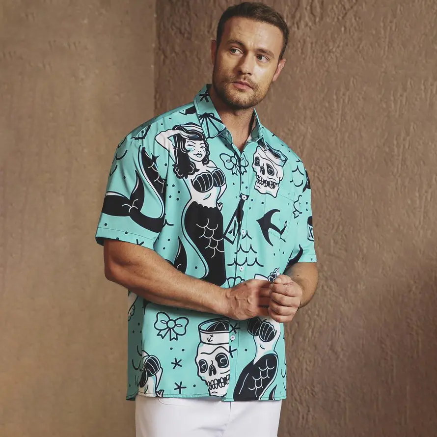 Mermaid Chest Pocket Casual Short Sleeve Hawaiian Shirt
