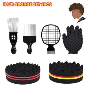 Hair Sponge Set 6PCS, Afro Curl Sponge Brush Kit with Twist Comb, Metal Pick Comb & Magic Curl Glove, Barber Styling Tools for Natural Hair, Dreads & Twists