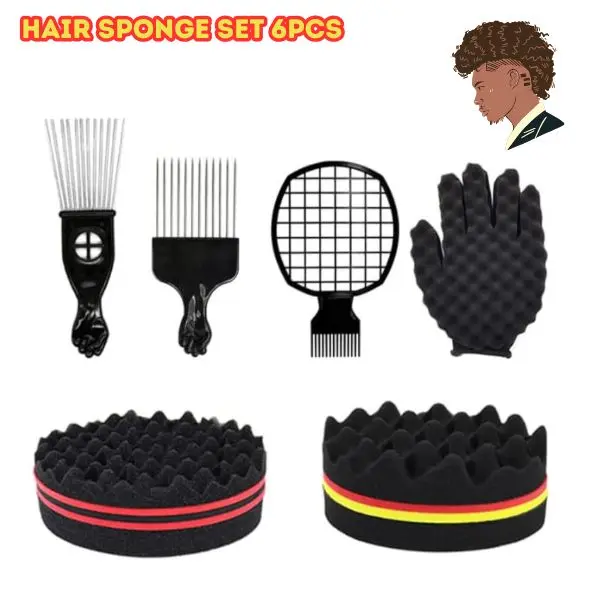 6PCS Heatless Hair Curl Set, Afro Curl Sponge Brush Kit with Twist Comb, Metal Pick Comb & Magic Curl Glove, Barber Styling Tools for Natural Hair, Dreads & Twists