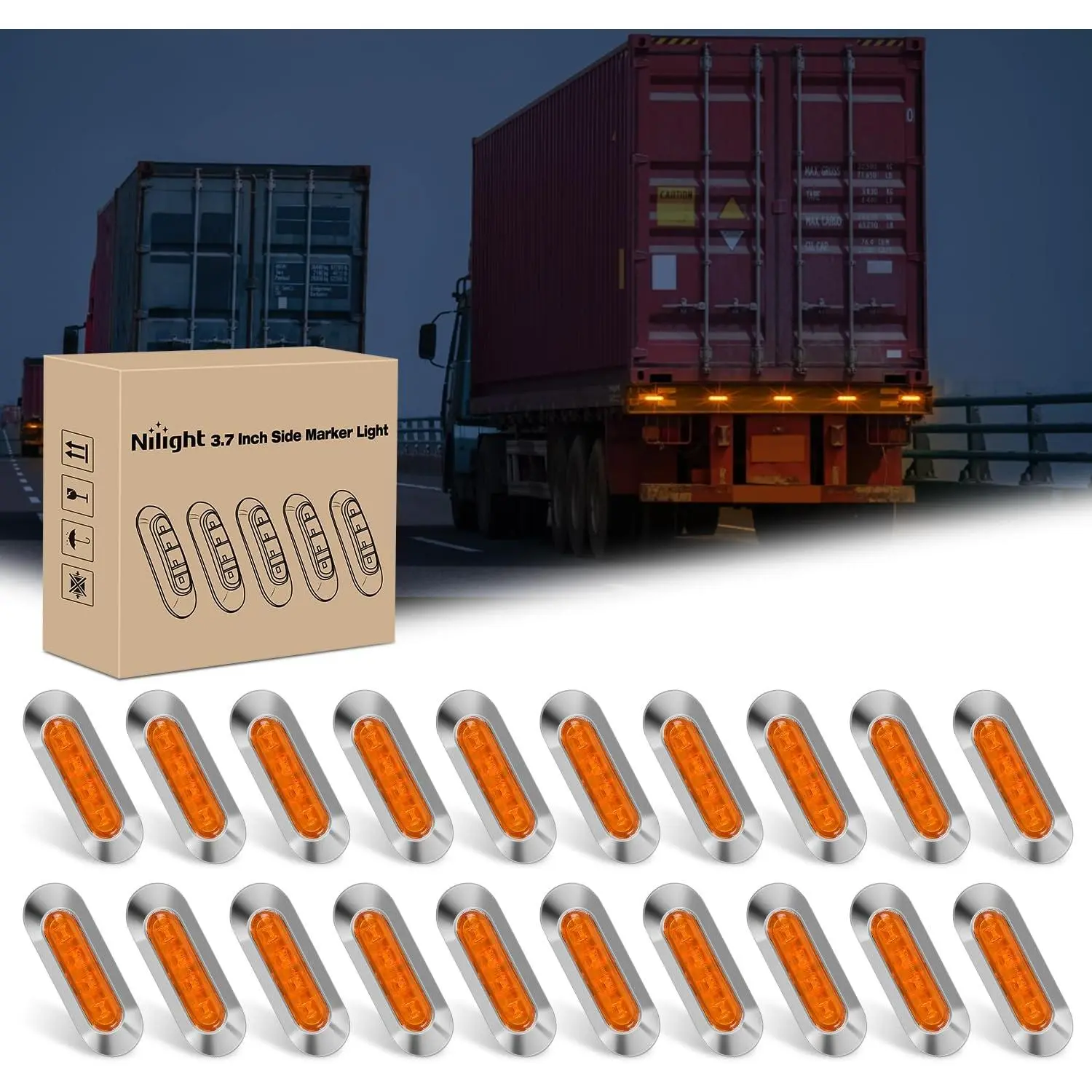 Nilight 20PCS Amber Oval Shape Safety Lights, 4 LED 3.7in IP68 Waterproof Clearance Lamps with Chrome Bezel, ABS Easy-Install Marine Lights with 24AWG Wiring, 0.44W@12V DC 12-24V DC for Truck/Bus, Boat Deck
