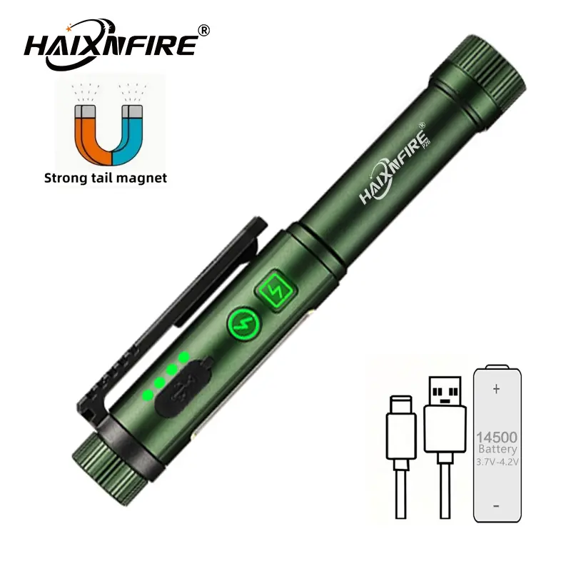 HaixnFire P26 Mini Aluminum EDC Flashlight, Cordless Type-C Rechargeable LED Flashlight with 14500 Battery, COB Side Light for Outdoor Camping Night Emergency Use, Cordless Led Flashlights
