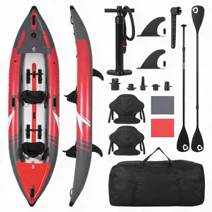 Durable & Portable Inflatable Kayak for 2 Person – PVC Mesh & Brushed Fabric – Adjustable Padded Seat – 3 Removable Fins – Complete Kit with Pump, Carry Bag & Repair Set – 204kg Capacity – Red/Gray – Ideal for Fishing, Lake & River Leisure