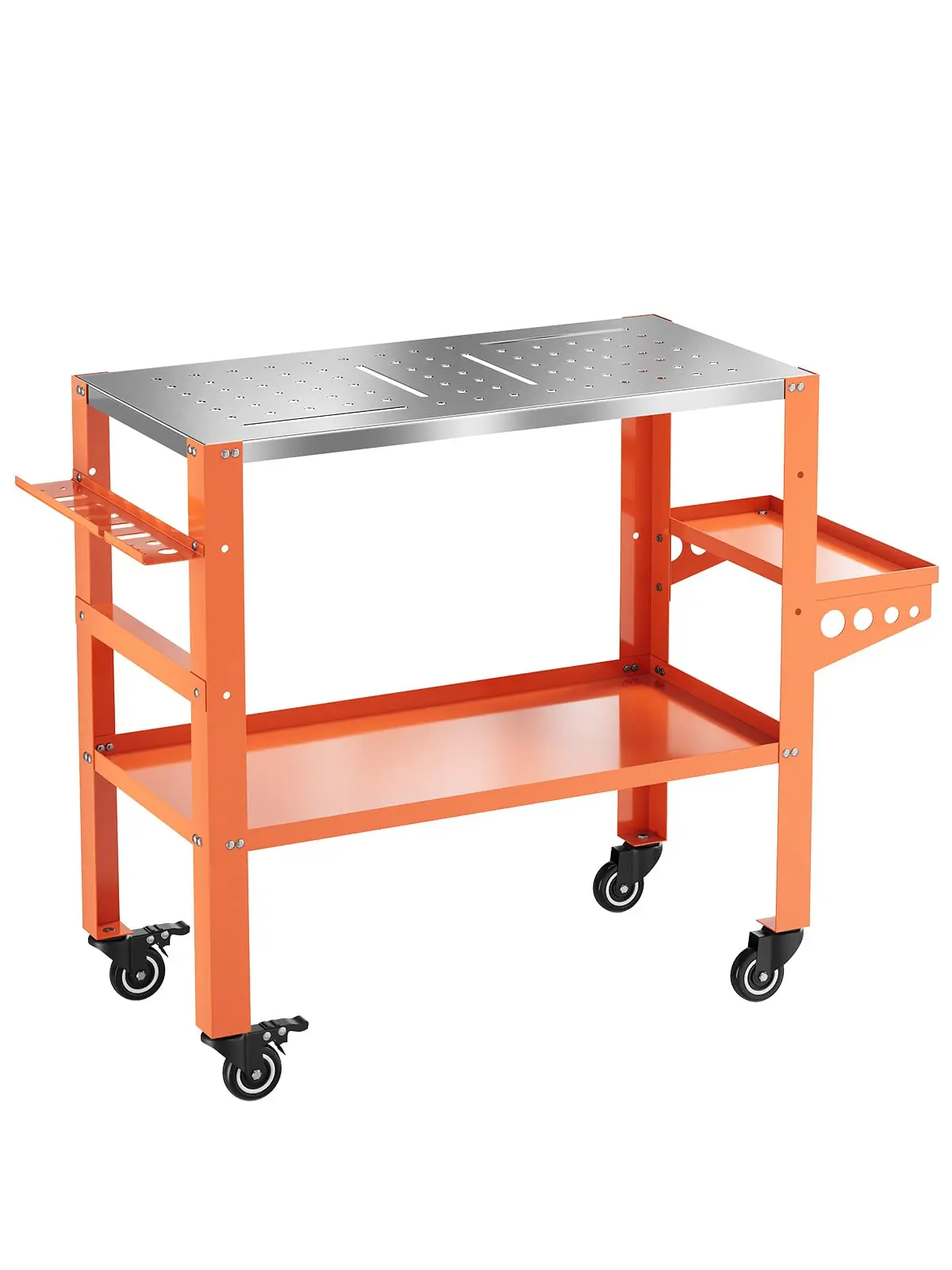 36" x 18" Welding Workbench Table, 1200 lbs Capacity Workbench Table with Lockable Wheels, Tool Slots and 5/8" Fixture Holes for Garage, Orange