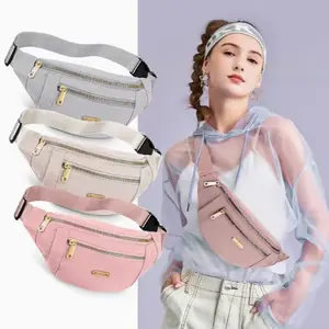 3pcs Women’s Lightweight Nylon Fanny Packs with Adjustable Strap & Zip Closure, 3 Pockets for Running, Hiking, Travel - Grey/Beige/Pink, Running Gear | Casual Accessory | Bag