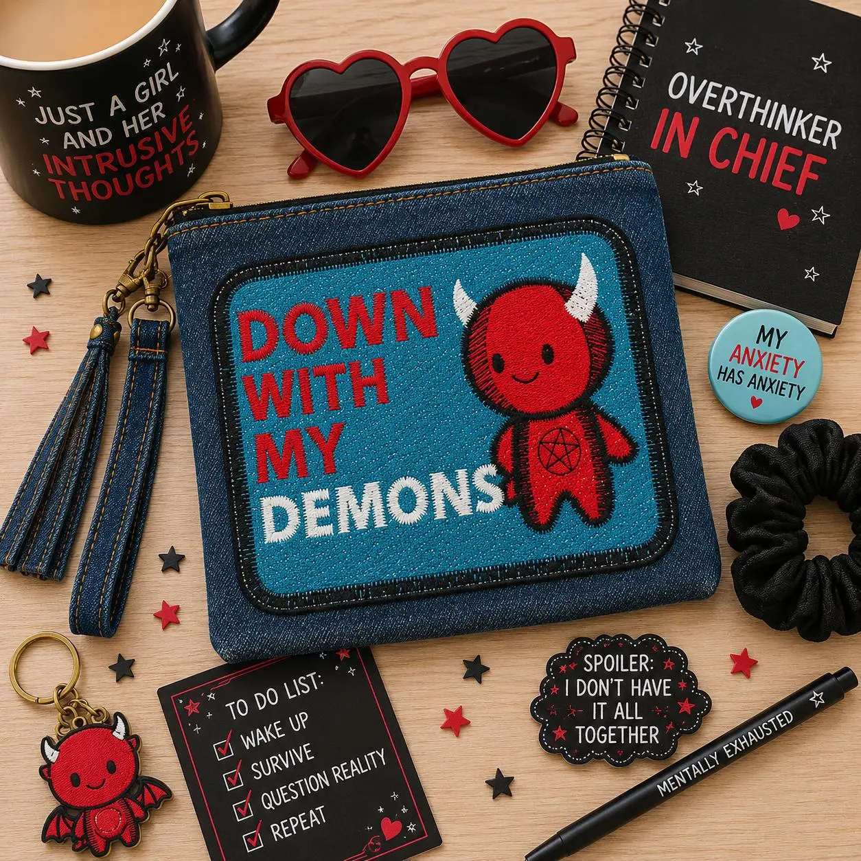 Embroidered Denim Pouch | Down With My Demons, Anxiety Humor Zipper Bag