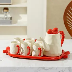8pcs Creamy Ceramic Water Cup Set, Home Living Room Tea Table Drinking Cups, Teapot Included, Housewarming Gift Box
