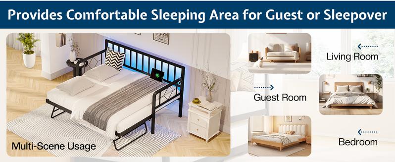 AMERLIFE Twin Daybed with Charging Station and LED Lights, Versatile Bed Frame with Steel Slats Support, Daybed with Trundle for Living Room, Bedroom, Guest Room, Black/Best Gift Ideas/Christmas Gifts