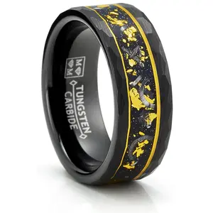 Men's Black Tungsten Ring Wedding Band Gold Flakes Meteorite Shavings Hammered 8MM Comfort-Fit