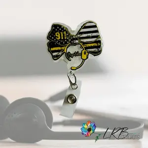Dispatcher Bow Badge ~ Retractable Badge Reel ID Holder ~ Customizable ~ Handmade ~ Nurse Badge Reel ~ Teacher Lanyard ~ Magnetic Pin ~ Stethoscope Tag ~ Magnet ~ Phone Grip ~ First Responders ~ Yellow Line