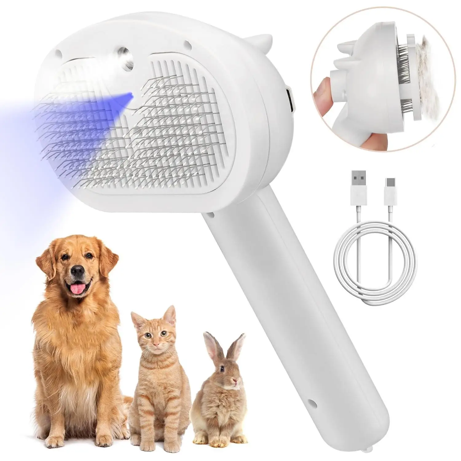 Pet Hair Removal Spray Massage Comb, Rechargeable Automatic Pet Grooming Brush with LED Light, Pet Hair Remover, Dog & Cat Grooming Supplies