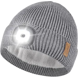 Fleece Lined Beanie Hat with Rechargeable LED Light, Warm Unisex Knit Cap, Thanksgiving Gift for Husband, Boyfriend for Camping, Grilling