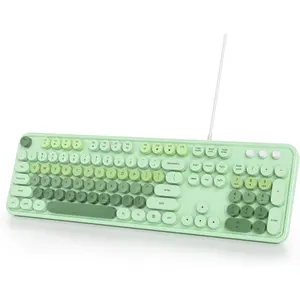 Owpkeenthy Typewriter Green Cute Keyboard with Floating Round Keys, Full Size Wired Retro Keyboard Click Feeling with Foldable Stands for Laptop