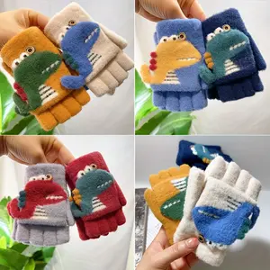 Boys Winter Gloves Cartoon Dinosaur Design - 100% Nylon Material, Comfortable Fit with Button Closure, Lightweight and Warm Suitable for Daily Play and New Year Celebrations (Mixed Colors)