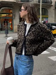 Women's Vintage Street Leopard Print Knit Cardigan Sweater, Soft Warm Outerwear for Autumn & Winter, Trendy Fashion Layers