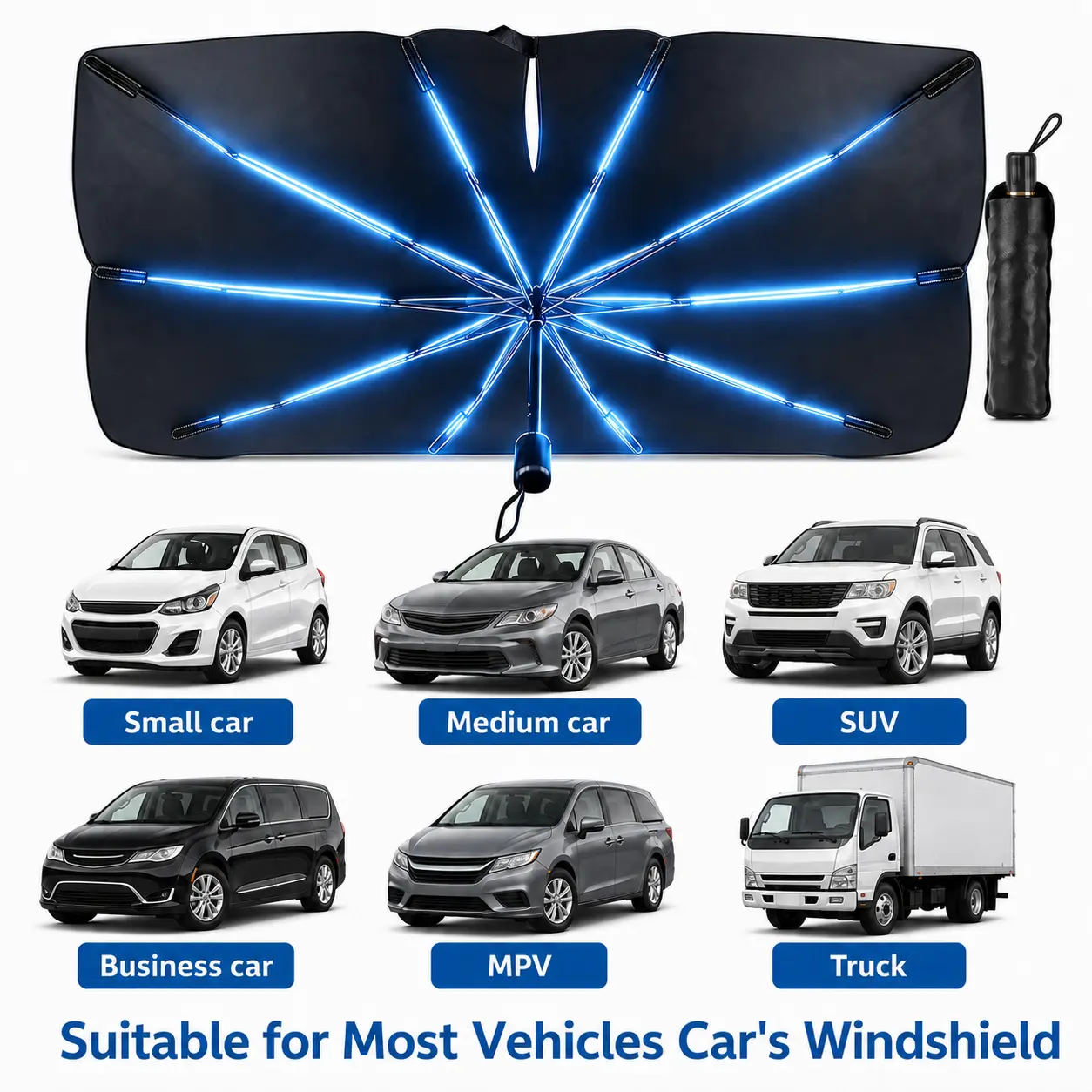 【CARHOME】Windshield Sun Shade for Car, Foldable Umbrella Style Heat Shield with UV Protection & Reinforced Spring Edge, Dashboard Protector, 55" x 31"