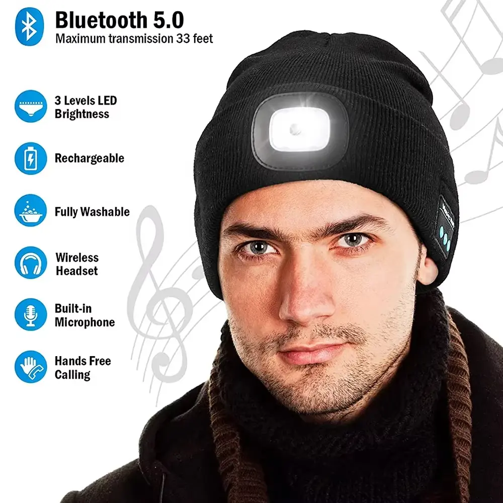 Unisex Music Beanie Party Hat With Light Headphones Bluetooth Wireless Stereo Headset Music Player Dad Friend Gifts Electronic Charging Earbud Navy