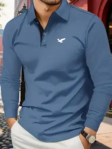 C8-321Men's High-End Fitted Geometric Long Sleeve Polo Shirt, Fashionable Comfortable Casual Business Wear, All-Season Golf Outdoor Sports Clothing