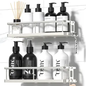 Shower Caddy Adhesive, No Drill Bathroom Shower Organizers, with Removable Hooks, Rust Proof Shower Shelves, Wall-Mounted Shower Holder, 2 Pack Silver