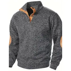 Men's Color Blocking Patched Stand Collar Sweater For Autumn And Winter, Casual Trendy Top As Gift