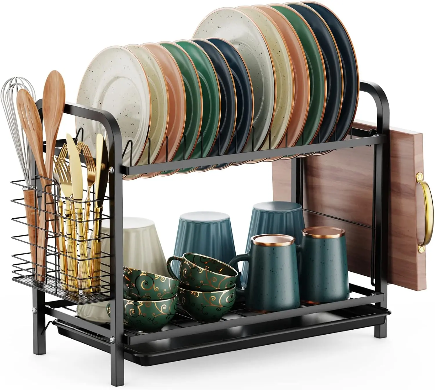 Dish Drying Rack - 2 Tier Dish Drainer for Kitchen Counter, Black | Auto-Drain Board, Cup and Utensil Holders for Plates, Bowls, Small Counters, Kitchen Storage, Cleanup and Daily Home Use