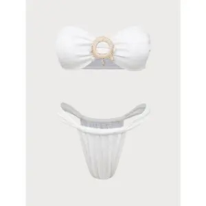 Off White Shell Decorated Ring Bandeau Bikini Set Tight Streamlined Cut Adjustable Side Drawstring Abrasion Resistant Material Maximum Mobility For Diving Surfing Outdoor Water Sports