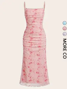 Elegant Sleeveless Spaghetti Strap Floral Cami Dress with Folded Hem, Summer Fashion Women's Clothing, Stylish Party Wear, Comfortable Daily