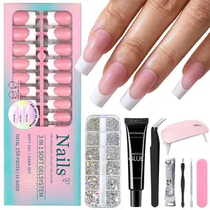 Pre-French Soft Gel Nail Tips Kit, 3-in-1 Full Manicure Set with 150Pcs Pink/Brown French Tips, Mini UV Lamp, Rhinestones, Nail Glue & Tools, All-in-One Nail Extension Kit for Beginners