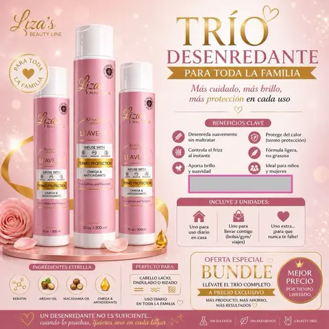 1613- Liza's Beauty Line Leave-in Bundle - Trio Desenredante for Family Use - Omega & Antioxidants - 100g/300ml - Hair Care