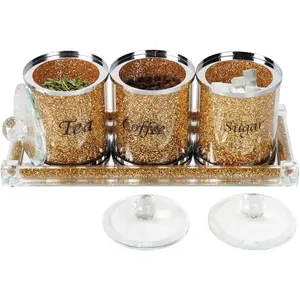 Coffee Sugar Tea Crystal Canister Set of 4,Sparkly Crystal Crushed Diamonds Home Decor,Silver Kitchen Coffee Jar Storage Set with Label & Lid,Storage Container Set for Countertop,Dining Room