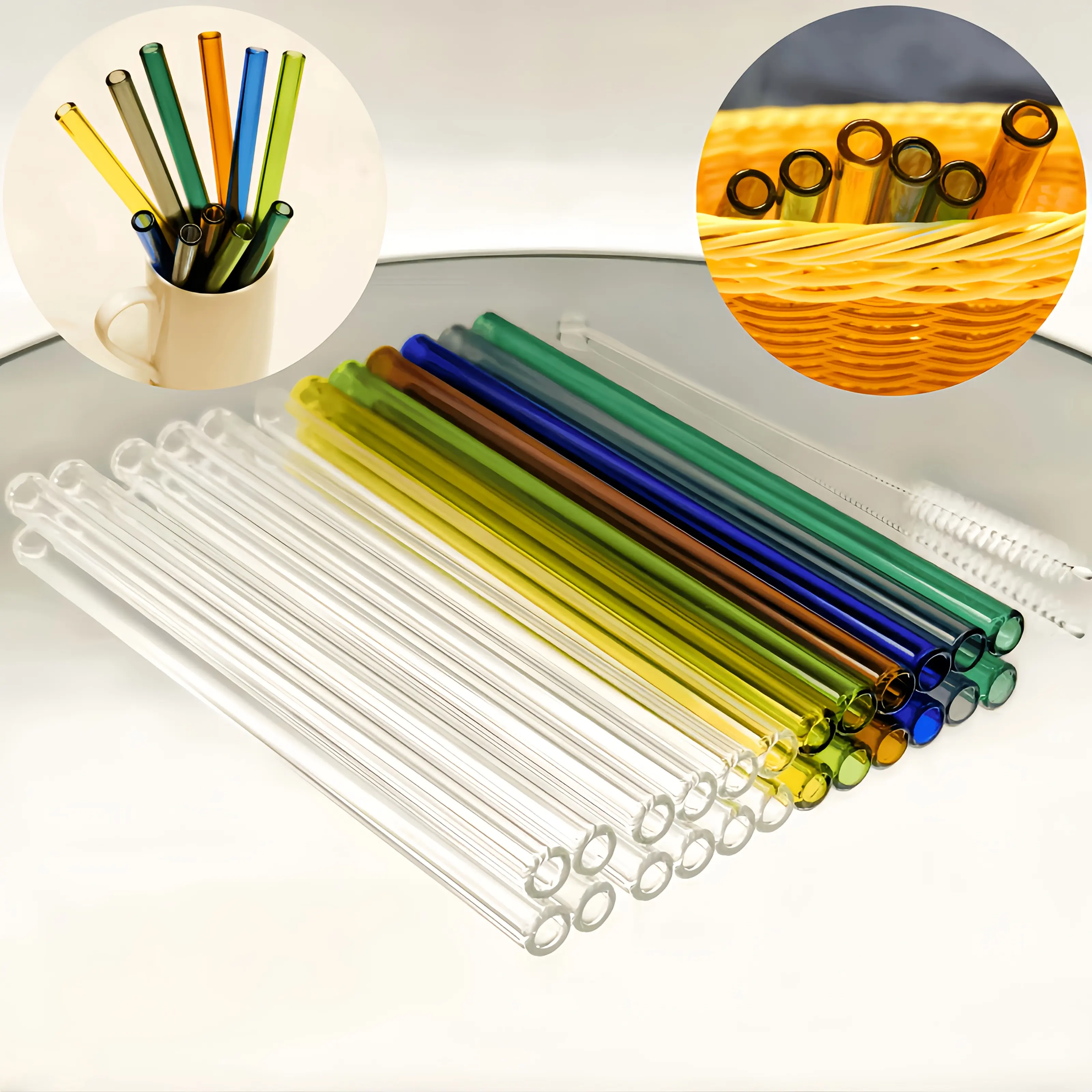 Colorful Glass Straws Set of 14 (12 Straws+2 Brush) Assorted Colors for Drinks and Smoothies Eco-Friendly Reusable Drinking Straws,  12mm OD, 2mm Wall Thickness, Strong, Dishwasher Safe, Smoothies, Tea, Coffee, Juice, Thanksgiving, Christmas Holiday Uses