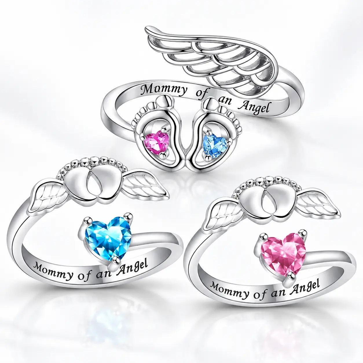 Women's Silver Angel Wing Design Ring - Heart Symbol, Baby Footprint, Sentimental Memorial Jewelry, 1pc Accessories for Adults Female, Christmas Gift