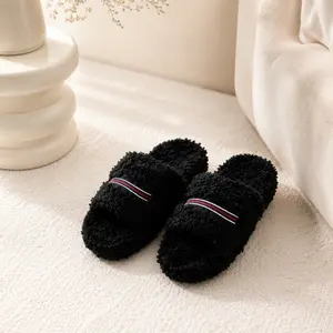 Black Fluffy Open-Toe Slippers - Warm Plush Indoor Shoes for Women，Women's Fuzzy Open-Toe Slippers - Cozy Black Plush House Slides