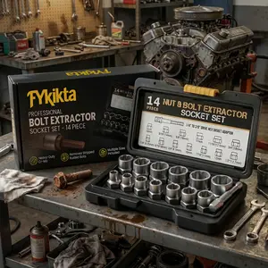FYKIKTA Heavy Duty 13+1 Piece Bolt Extractor Tool Set, Premium CR-MO Impact Nut & Stripped Lug Remover Kit with 3/8" Drive Hex Adapter for Drill. Instantly Remove Damaged, Frozen, Rusted, Rounded Bolts (1/4"-3/4", 8-19mm). Auto Repair & DIY Essential