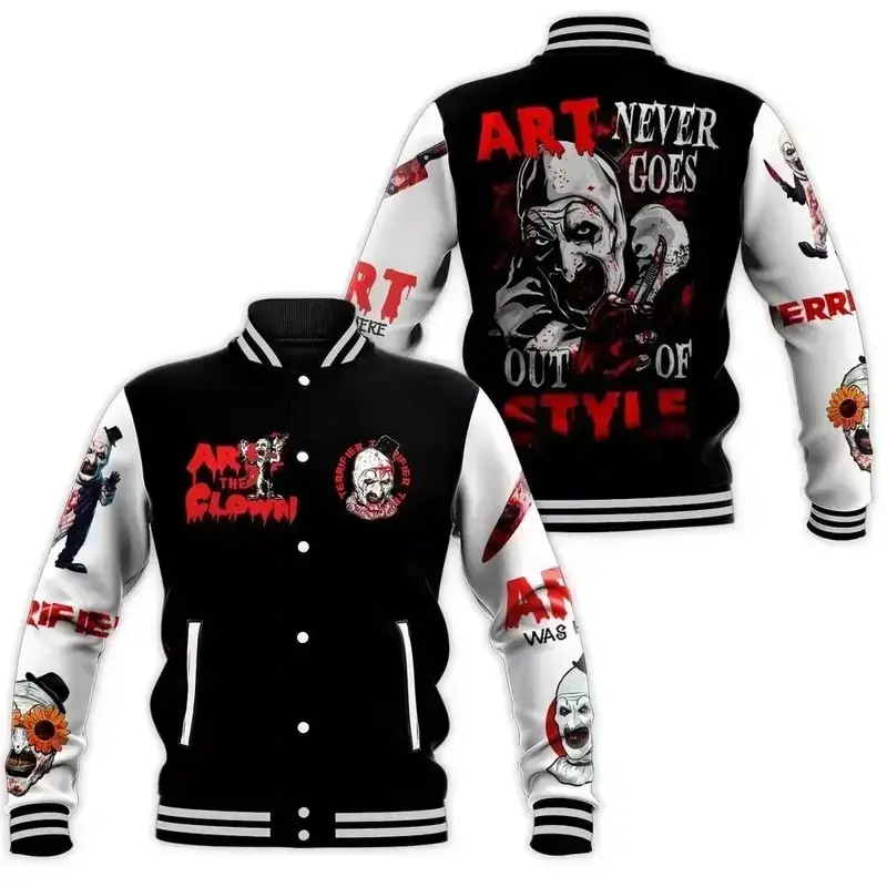 Terrifier Art The Clown Baseball Jacket Horror Movie Varsity, Scary Horror Character Printed Baseball Jacket, Unisex Baseball Jacket, Varsity Style Sport Coat, Casual Street Fashion