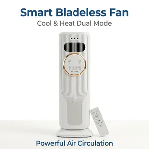 Quiet Bladeless Tower Fan & Space Heater Combo All Season – 3 Fan Speeds, 2 Heat Settings, Remote Control, 28ft/s Powerful Airflow, No Blade Safe Design, Cool Warm Air for Year-Round Use, Ideal for Bedroom Office Home, Compact Safe Climate Control