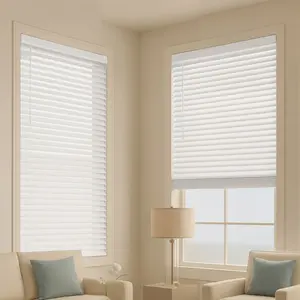 Faux Wood Blinds, 2-Inch Slat, 34.5 Inch Wide By 60 Inch High, Cordless Window Shades, White, Easy Install, Light Blocking, Durable PVC Slats, Residential Indoor Home Decor Ideal For Modern Homes