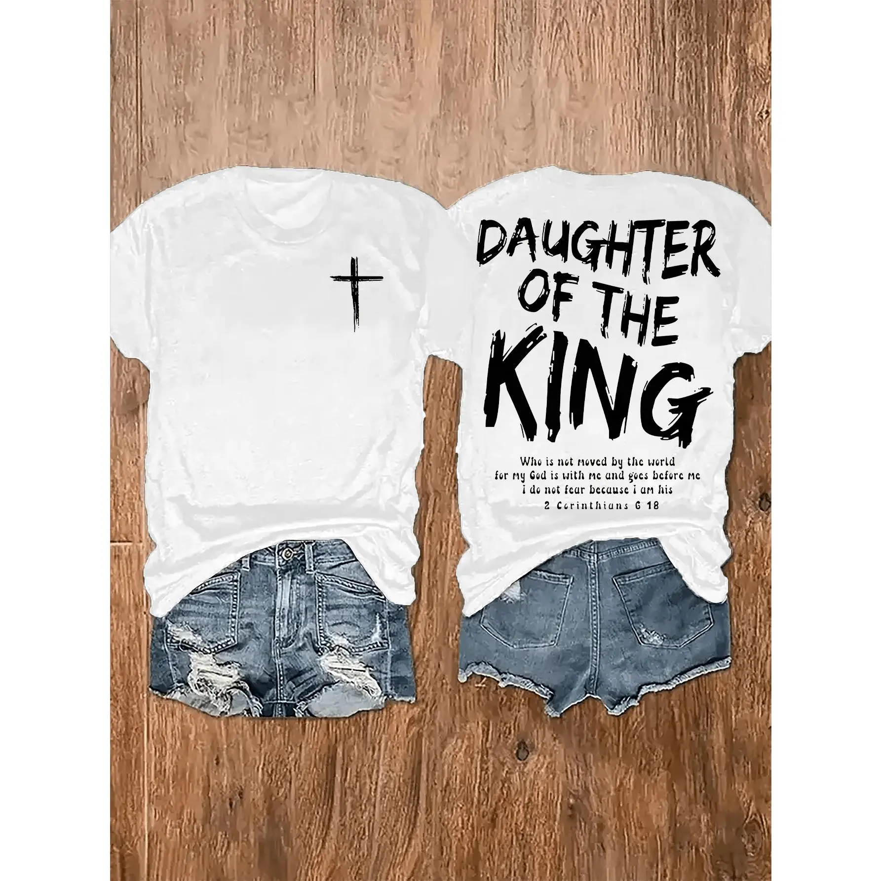 Daughter of the King Jesus Graphic Tee - Women's Soft Casual Round Neck Short Sleeve T-Shirt, Dual-Sided Print, 180g Pure, Comfortable & Stylish for Home or Outfit Tshirt