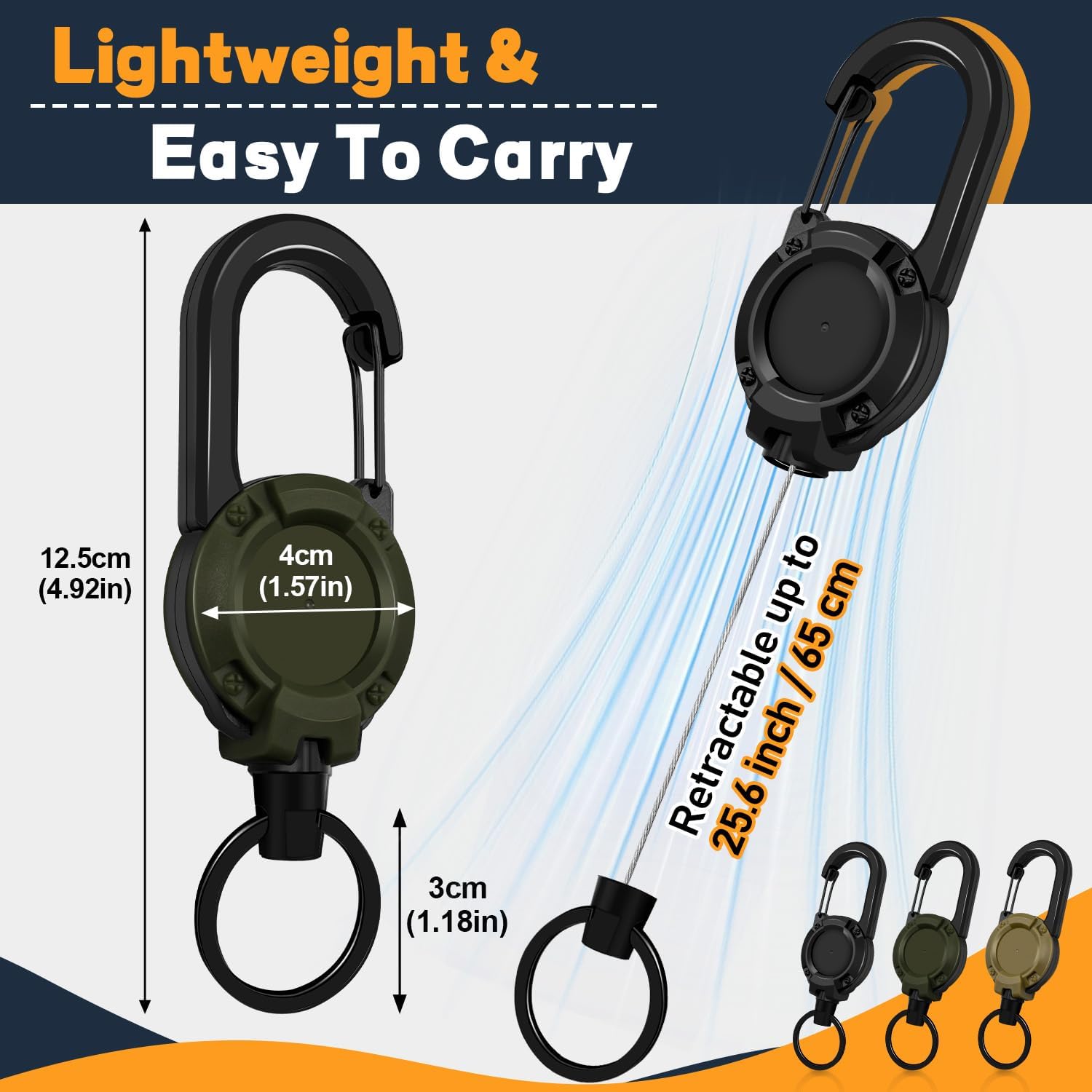 2 Pack Tactical Carabiner Steel Cord Recoil Anti-Lost Lanyard, 8oz Load Bearing Sturdy ABS Shell & 24 Inch Automatic Retractable Cord, Heavy Duty Key Chain for Camping Cycling Hiking Outdoor Travel, Perfect Holiday Gift for Men Family Friends